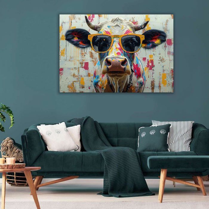 Toile Déco Murale Graffiti Vache Aquarelle - Tableau Animé Sans Cadre 57x100 Cm - Décor Salon Chambre Moderne