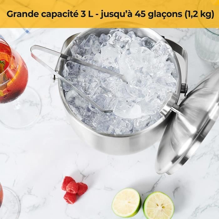 Seau à Glaçons En Acier Inoxydable Double Paroi - 1,3L, Pour ~30 Glaçons, Avec Pince Et Couvercle