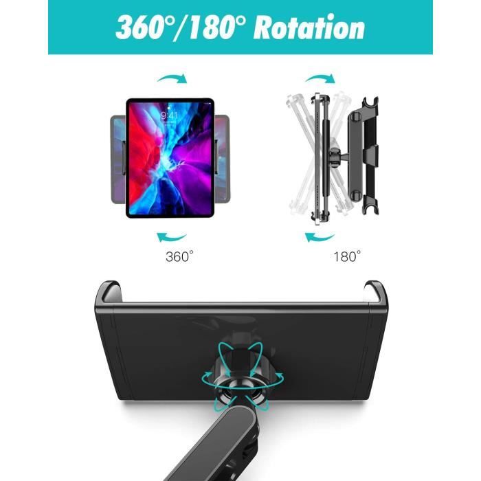 Support Tablette Voiture Pour Appui-tête - Réglable 5,3 à 10,2 Pouces, Rotation 360°, Fixation Sans Outil, Pour Passagers Arrière - 8