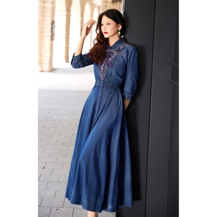 Robe longue en jean pour femme demi manche avec broderie et ceinture bleu Bleu Cdiscount Pret a Porter