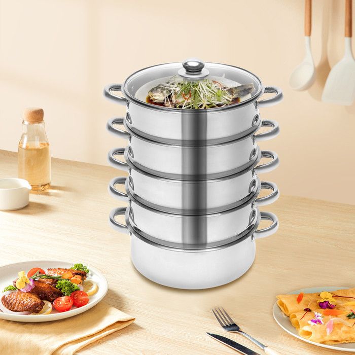 Cuiseur Vapeur Inox 5 Niveaux 26 Cm Avec Couvercle Verre - Pour Induction, Gaz, électrique, Grand Capacité