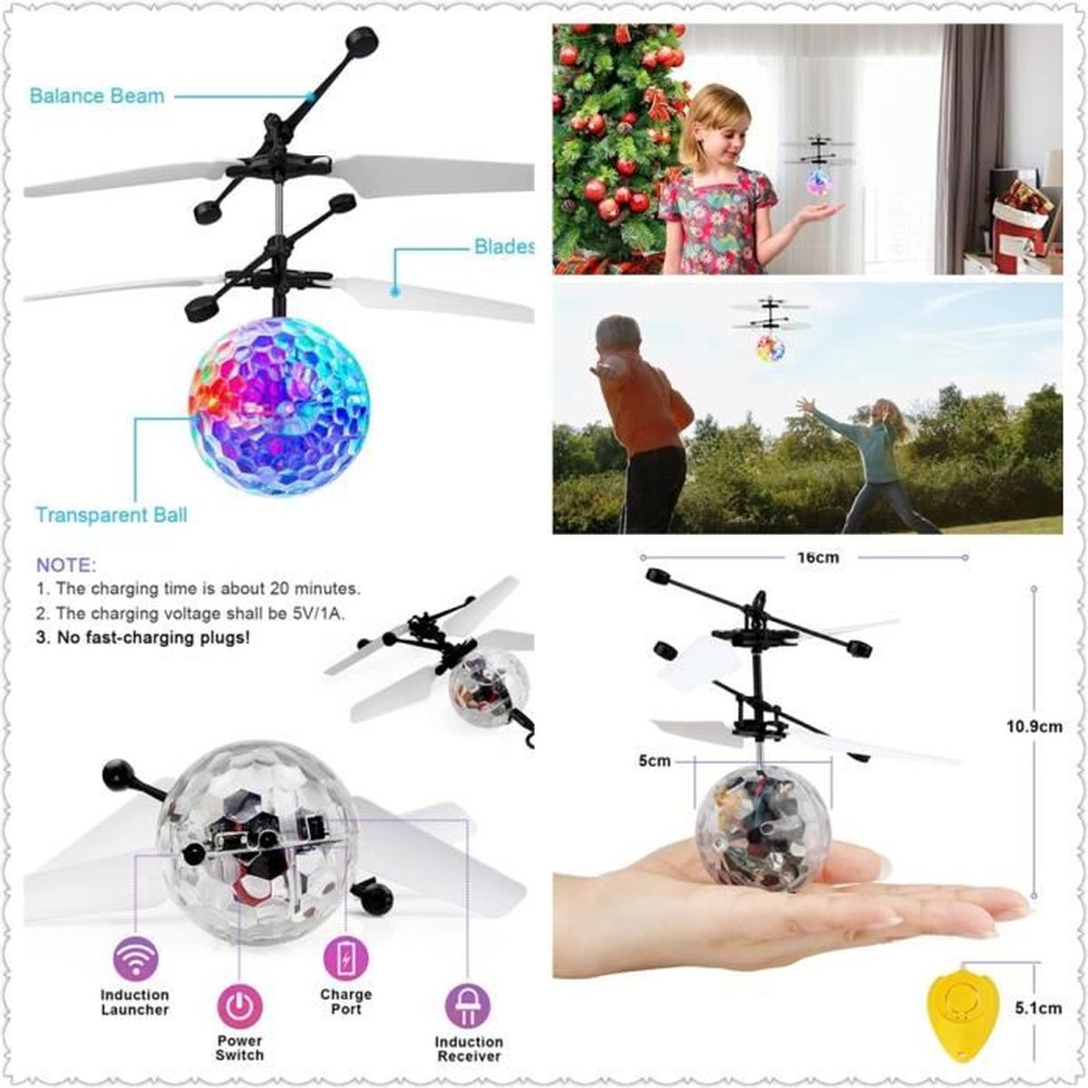 Atrumly Balle volante jouet volant électrique pour enfants avec télécommande et lumières LED clignotantes pour enfants et adultes 