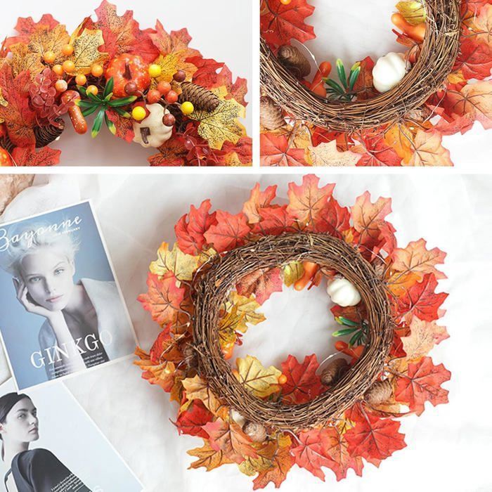 Couronne D'automne Pour Porte D'entrée 35x35 Cm - Décoration En Tissu Soie, Thème Halloween Et Thanksgiving