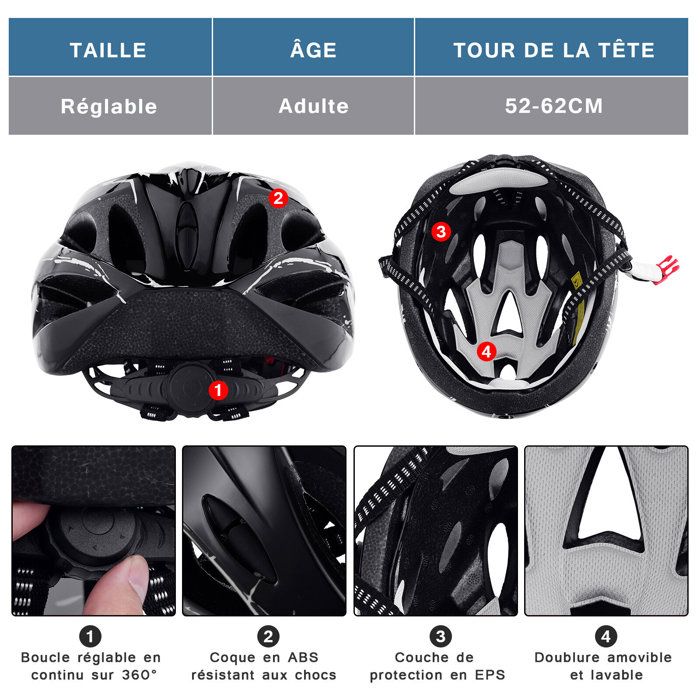 Casque Vélo Adulte Femme Homme avec Visière, Casque pour VTT Vélo  Trottinette Électrique avec Tour de Tête 52-62CM, Noir et Blanc - Cdiscount  Sport