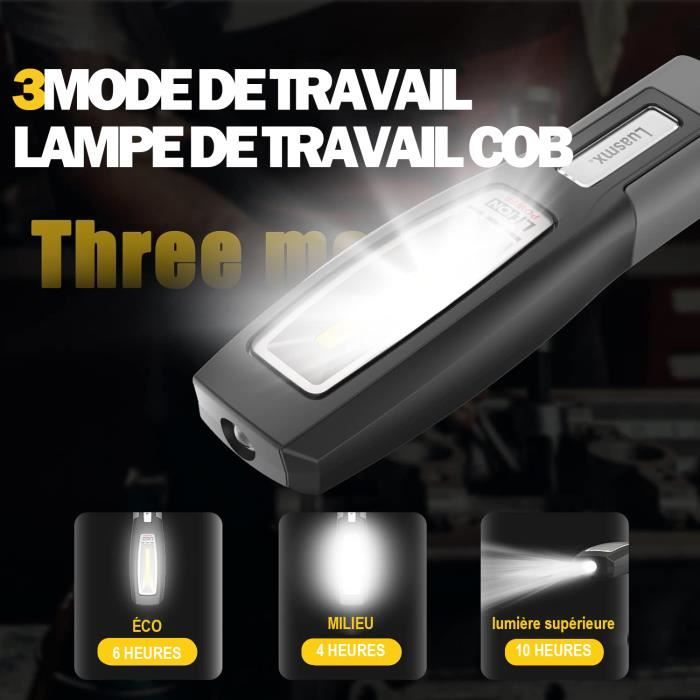 QUETO 1 Pièce Lampe de Travail Baladeuse LED Rechargeable 800 Lumens COB  Portable Lampe Mecanicien avec Base Magnique et Crochet pour réparation 
