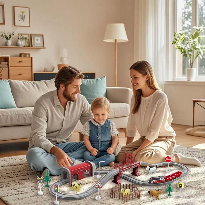Train Électrique Enfant 66PCS Avec Lumières - Circuit Voiture Rouge Pour Enfants 3-8 Ans
