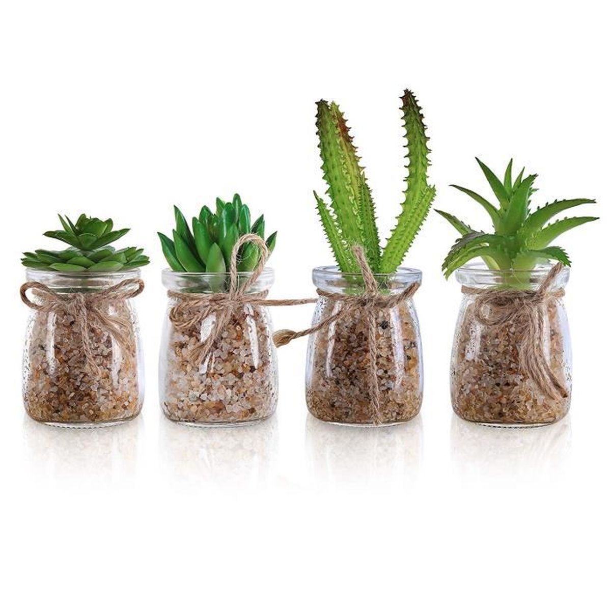 Etagère Mini Cactus Artificiels pour Décoration Intérieur Bureau Mini Plantes Artificielles Salle de Bains Balcon Lot de 4 - Petites Fausses Plantes Succulentes avec Vase en Verre Cuisine