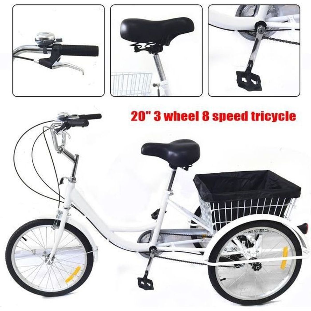 Tricycle pour adultes 20 pouces 8 vitesses Tricycle 3 roues avec