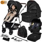 Poussette combinée 3en1 LIONELO Amber - Pack poussette canne, Nacelle, Siege auto, sac et accessoires - Noir/Argent