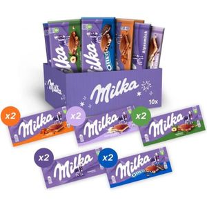 CHOCOLAT BONBON Milka Box - 10 tablettes Chocolat Au Lait Du Pays Alpin, Éclats de Noisettes, Tendre au Lait, Caramel et Oreo 10x100g