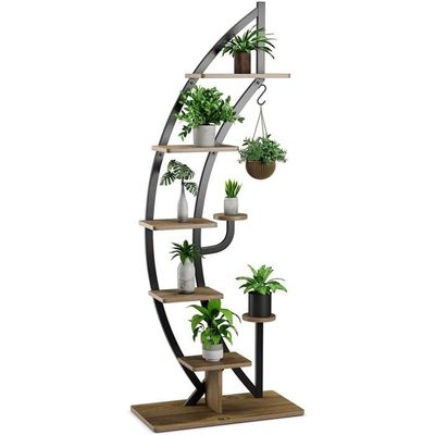 Tribesigns Support Plantes Intérieur 7 Niveaux 180cm - Étagère Demi-Lune Avec Crochets Suspension, Bois Et Métal Industriel