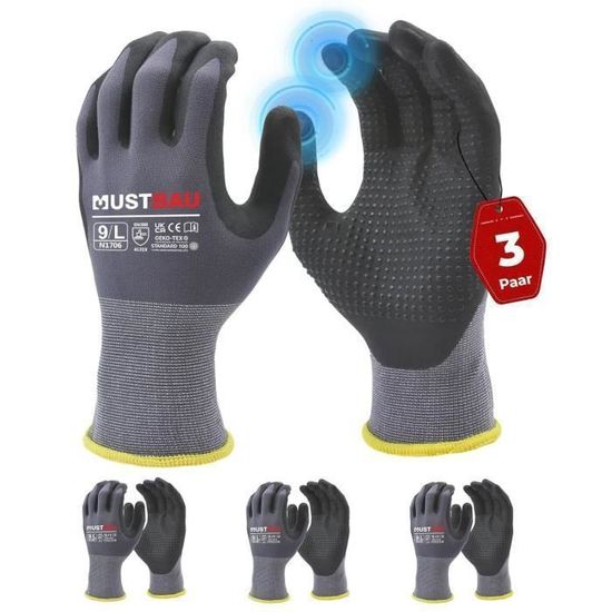 3 Paires Gants De Travail Mustbau - Écran Tactile, Nitrile, Anti-Dérapants (Gris, XL)