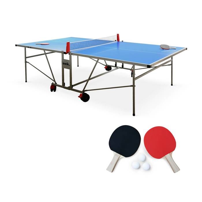 Table de ping pong OUTDOOR bleue, avec 2 raquettes et 3 balles, pour utilisation extérieure, sport tennis de table