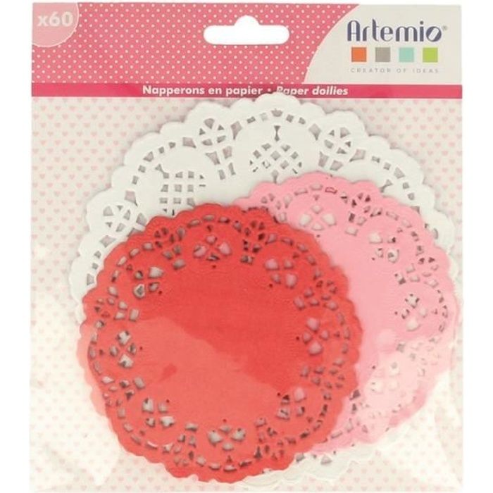 Napperon papier rond dentelle découpée blanc rose rouge 60p - Rouge 14cm blanc 9,5cm rose et rouge