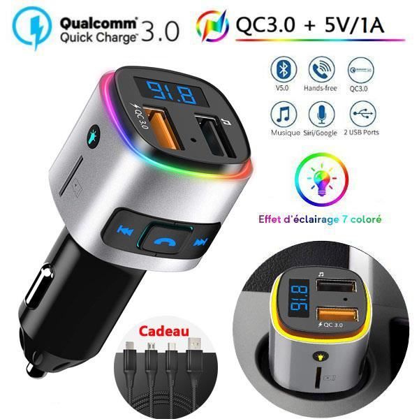 Transmetteur FM Bluetooth, QC3.0 FM Émetteur Main Libre Kit Bluetooth Adaptateur Radio Chargeur de Voiture, Lumière colorée