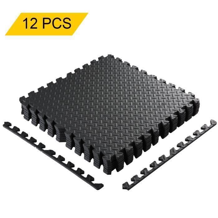 12 Tapis de Protection de Sol – Dalles en Mousse + Bordures - Matelas Puzzle pour matériel Fitness, Gym, Musculation
