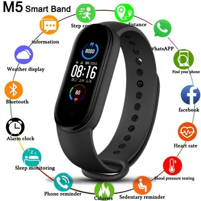 M5 Bracelet intelligent Étanche Fitness tracker pression artérielle moniteur de fréquence cardiaque - Noir