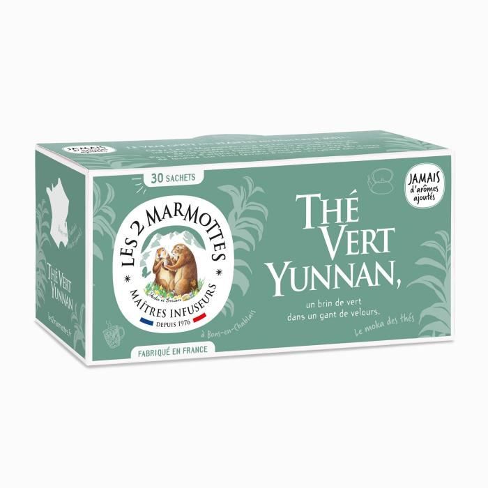 Les 2 Marmottes - Thé Vert Yunnan BIO 30 sachets - Tonique et Corsé - Gamme pour le Petit Déjeuner