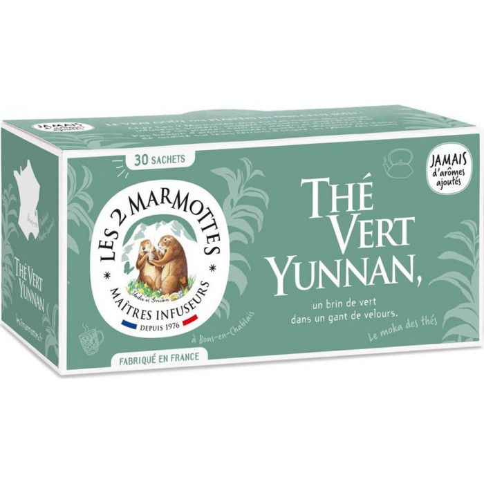 Les 2 Marmottes - Thé Vert Yunnan BIO 30 sachets - Tonique et Corsé - Gamme pour le Petit Déjeuner