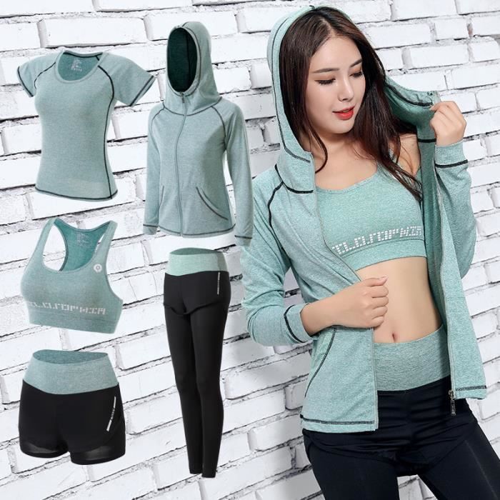 Ensemble de vêtements de sport femmes 5 pièces de Yoga(Soutien-gorge+T-shirt+Veste à capuche+Short+Pantalon) Fitness Séchage rapide