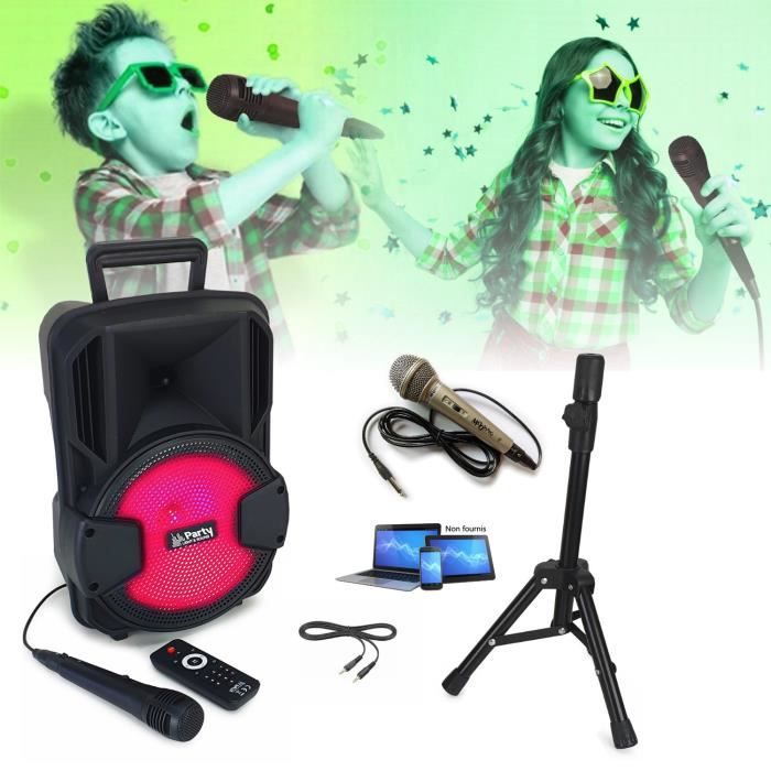 Enceinte Karaoke Enfant 2 Micros Bluetooth USB Mobile Party-MOBILE8 - Micro SD - Cable - Pied support - Télecommande - Anniversaire