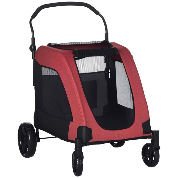Poussette pliable pour chien chat animaux roues avant pivotantes 360 degrés rouge dim. 98L x 82l x 110H cm 98x82x110cm Rouge