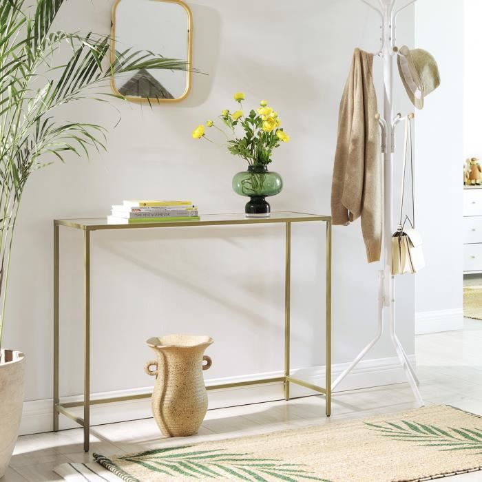VASAGLE Table console en verre trempé - cadre métallique - 100 x 35 x 80 cm (L x l x H) - robuste - pieds réglables - Doré LGT26G