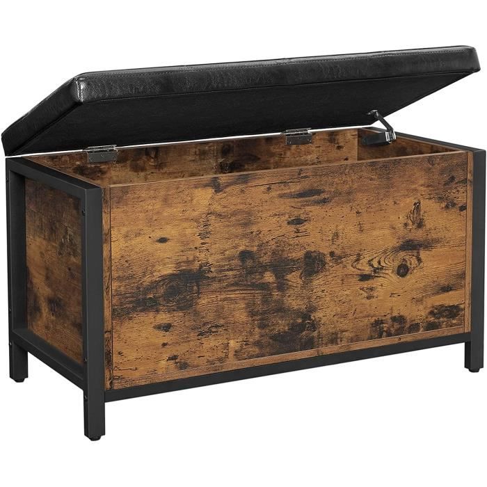 VASAGLE Banc de rangement, 80 x 40 x 50 cm (L x L x H) Bout de lit, en métal, style industriel, PU Noir, Marron rustique LSC80BX