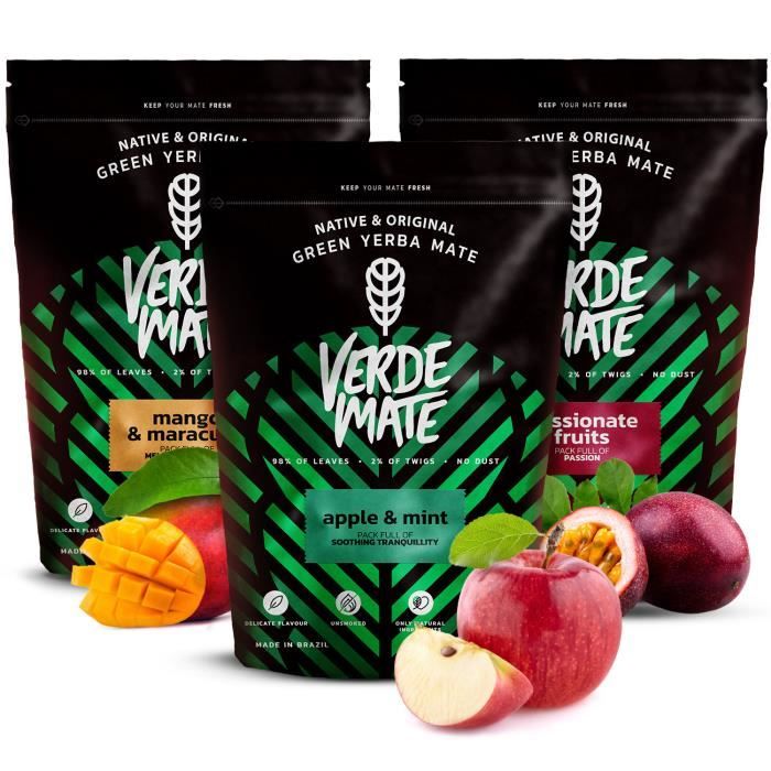Yerba Mate 1.5 kg Kit Verde Maté Pomme et Menthe + Mangue et Maracuya Non Fumé 3 x 500 g