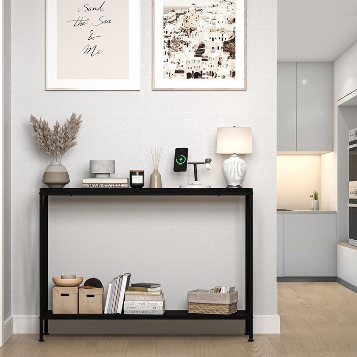 Table console - Meuble Entrée - Noir - Effet Marbre - Style Scandinave - 109x25x76cm