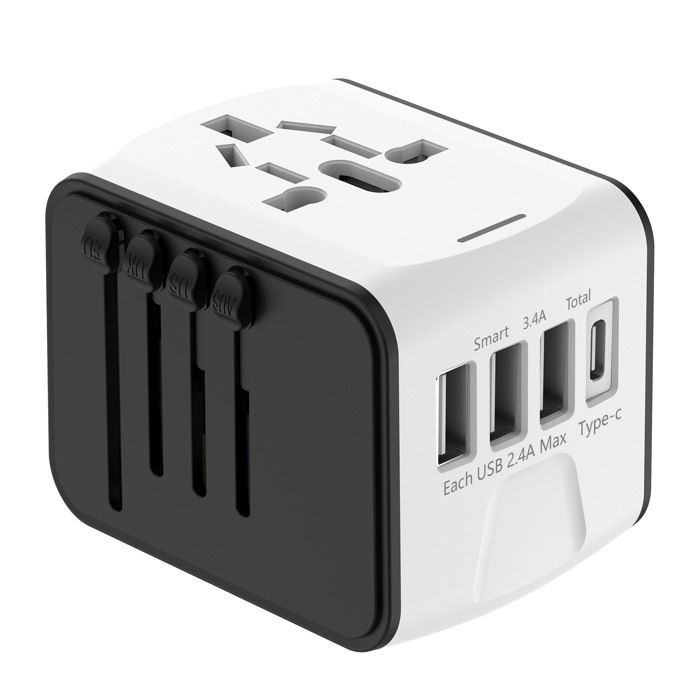 Adaptateur de Voyage Universel - Blanc - 3 USB - 1 Type C - 1500W - Compact et Pratique