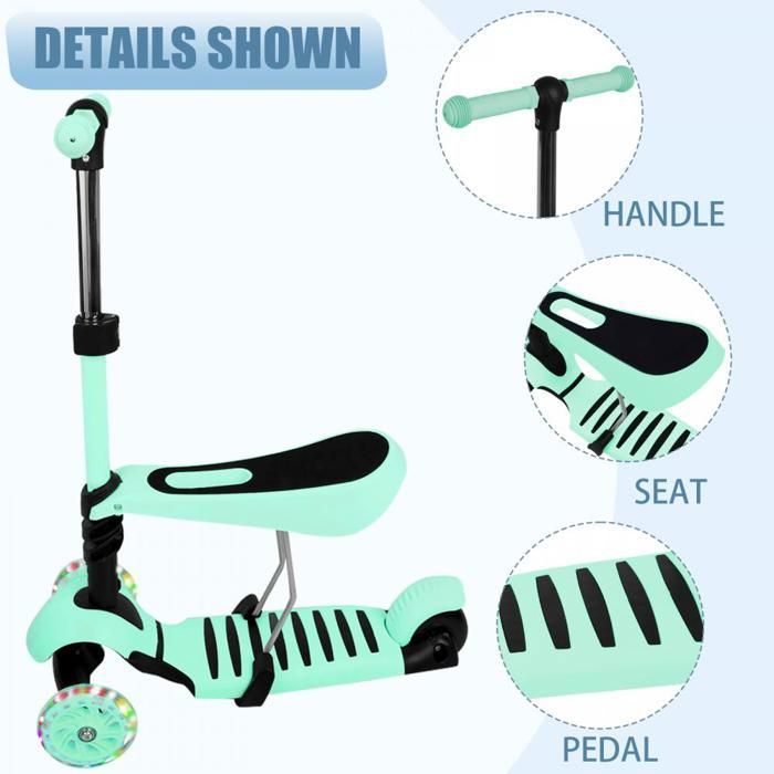 Trottinette pour Enfants 5 en 1 avec siège Amovible, 3 PU Roues Lumineuses, 4 Réglables en Hauteur, Facile à Diriger, Dossier Confortable, Trottinette Antidérapante pour Filles/Garçons de 1 a 6 Ans