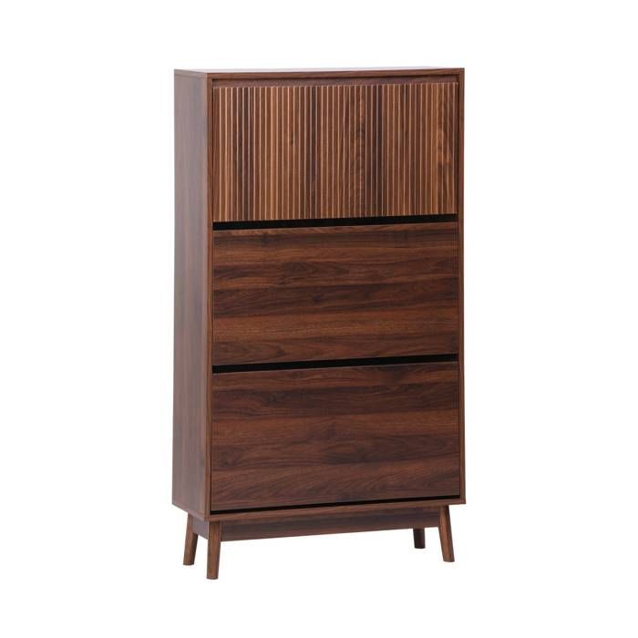 Meuble à chaussures scandinave décor bois noyer 3 portes abattantes capacité 18 paires de chaussures Meuble à chaussures scandinave décor bois noyer 3 portes abattantes capacité 18 paires de chaussures