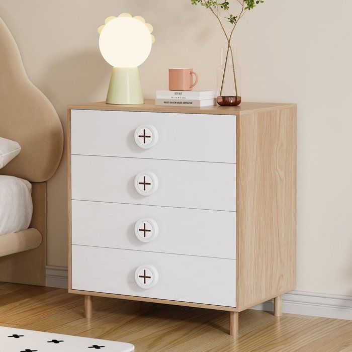 Commode 4 Tiroirs en Bois Clair et Blanc 80x54x90 cm – Merax Table de Chevet Scandinave pour Chambre Enfant ou Adulte