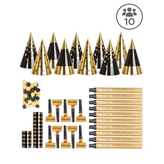 Kit cotillons noir et doré 10 personnes Kit cotillons noir et doré 10 personnes