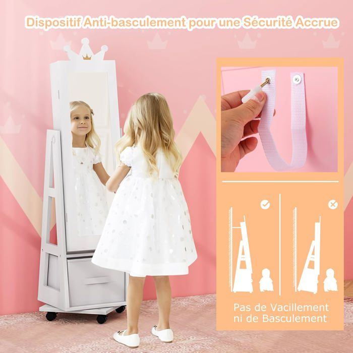 GIANTEX Armoire à Bijoux pour Enfants Miroir Pleine Longueur Pivotant à 360° avec 4 Roues Universelles BloquablesBlanc