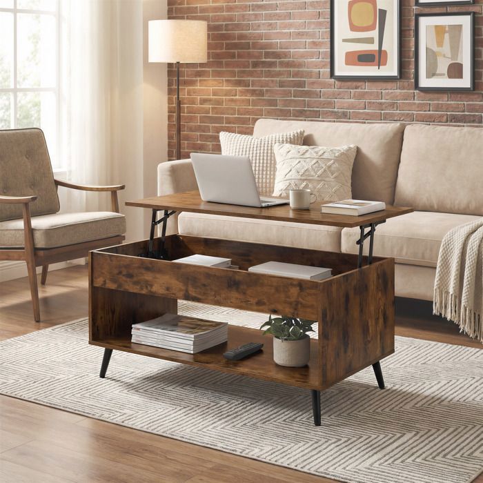 Table Basse avec Plateau Relevable Vérin à Gaz Rangement Ouvert pour Bureau ou Salle à Manger Marron Rustique et Noir dencre