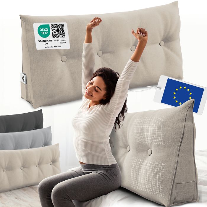 ELONEO coussin dossier lit 120 cm coussin triangulaire de lecture cale-dos avec housse lavable et poche latérale sable