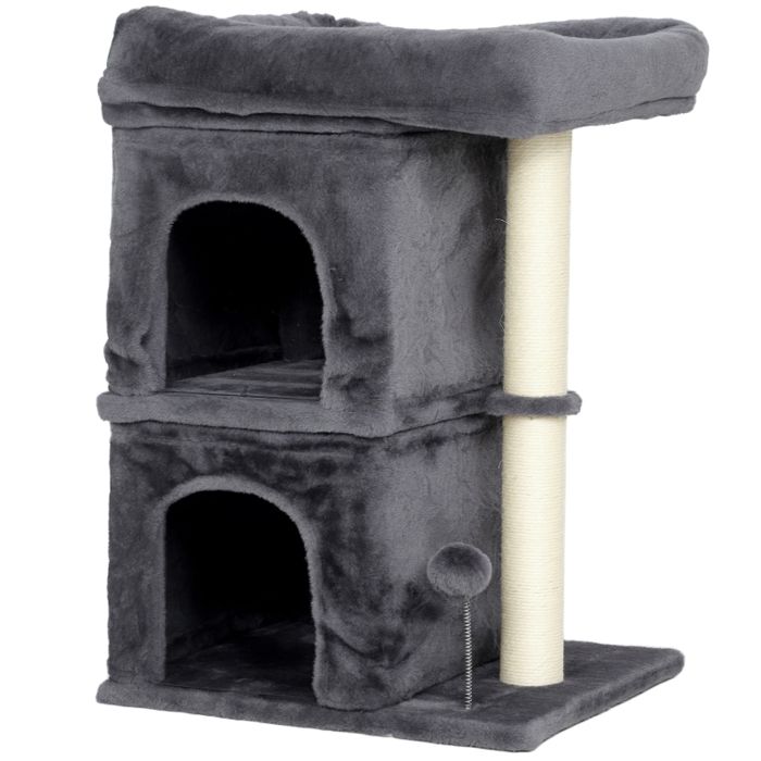 Arbre à chat compact - Gris foncé - 45x40x66 cm - 2 grottes - Plateforme - Poteaux en sisal - Lit spacieux