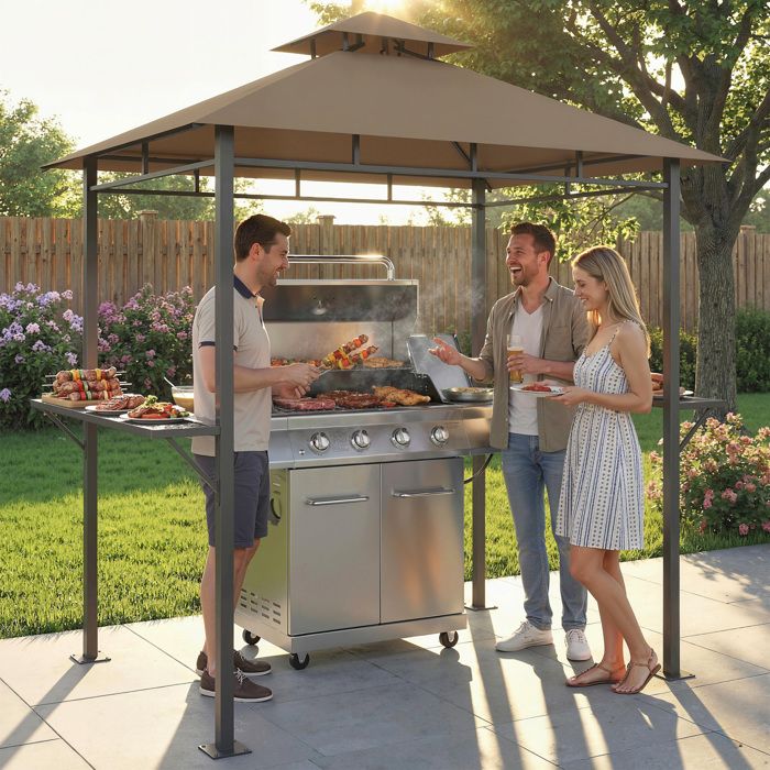 Abri barbecue extérieur tonnelle de jardin 245x146x255cm en métal double toit 2 étagères latérales marron