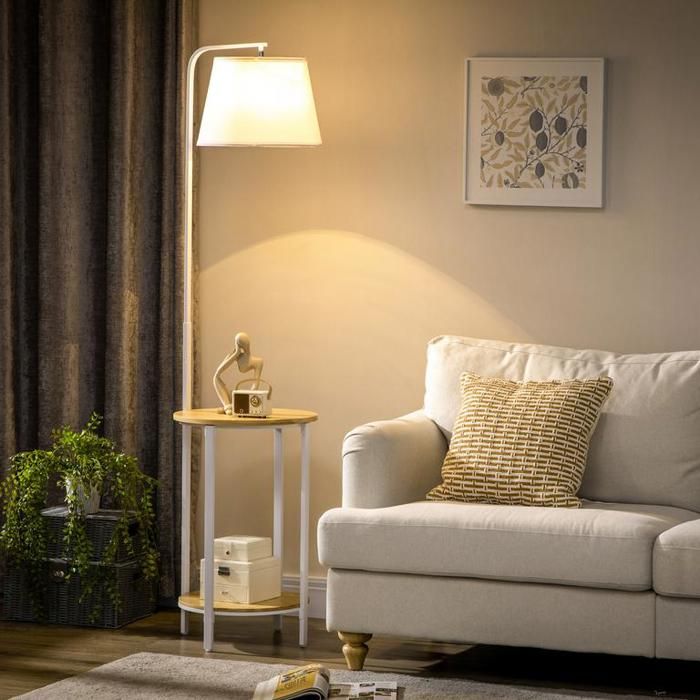 Lampadaire 162 cm 40 W lampe sur pied avec 2 étagères et abat-jour en lin structure en métal blanc pour salon et chambre.