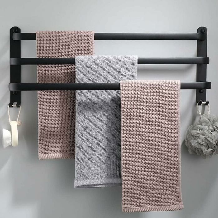Porte-serviettes mural en aluminium - 3 étages - Avec crochets - 60 cm - Étanche - Noir - Pour salle de bain cuisine salle de ba