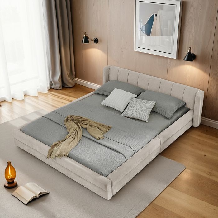 Lit double - Dimensions 160x200 cm - Tissu chenille agréable - Cadre robuste en eucalyptus et fer - Dossier ergonomique