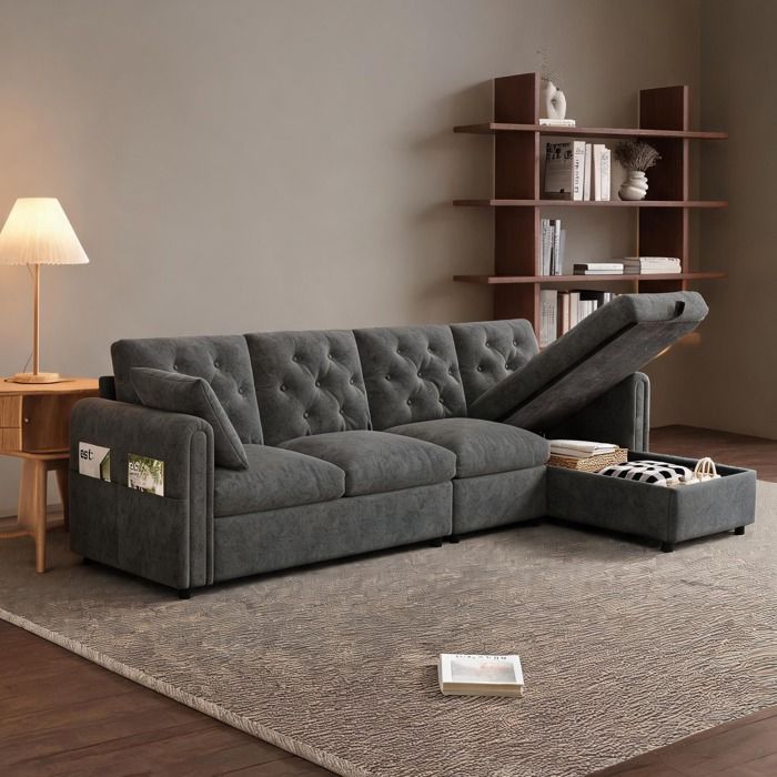 Canapé dangle convertible avec coffre de rangement en velours cool gray 281 cm