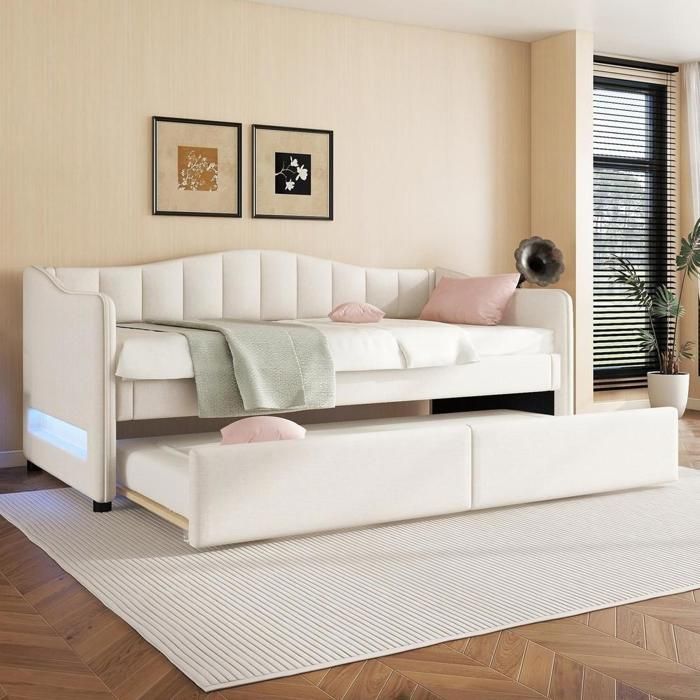 Lit banquette - KOMHTOM - Modèle Gigogne LED - 90x200 cm - Lin beige - Cadre MDF Lit banquette - KOMHTOM - Modèle Gigogne LED - 90x200 cm - Lin beige - Cadre MDF