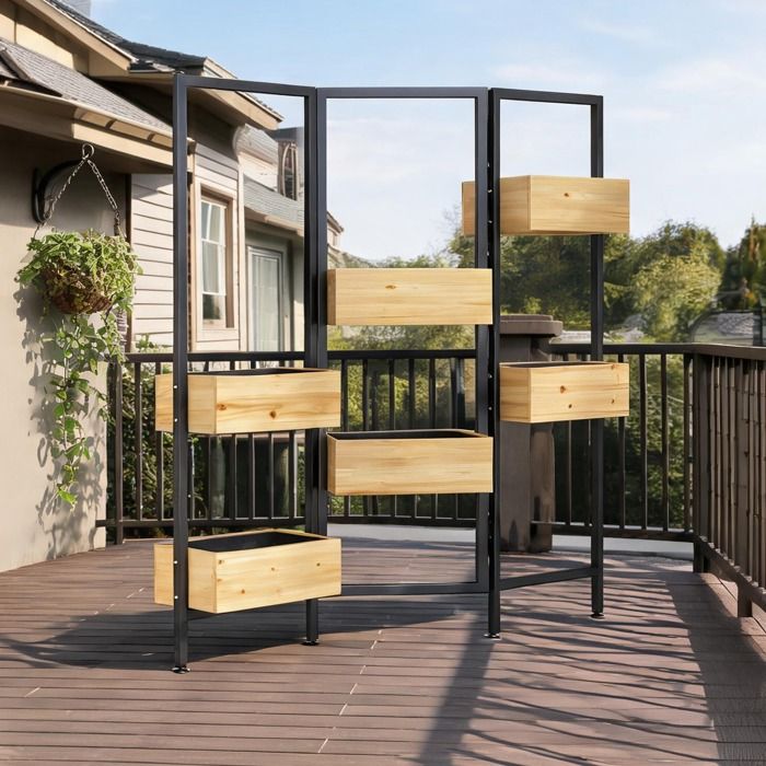 Bac à fleurs avec brise-vue 6 jardinières treillis rabattable en acier et bois organique naturel pour intérieur et extérieur