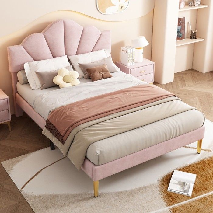 Lit capitonné - Zephmum - 140x190 coquille pieds doré tête réglable lattes bois velours rose