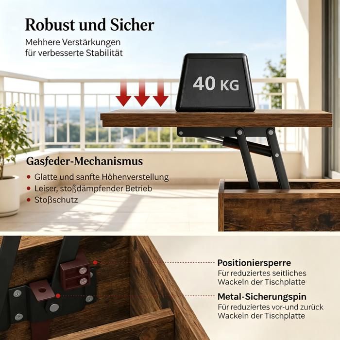 Table basse relevable - Plateau relevable 53-66 cm - Dimensions 505x100x53 cm - Roulettes verrouillables