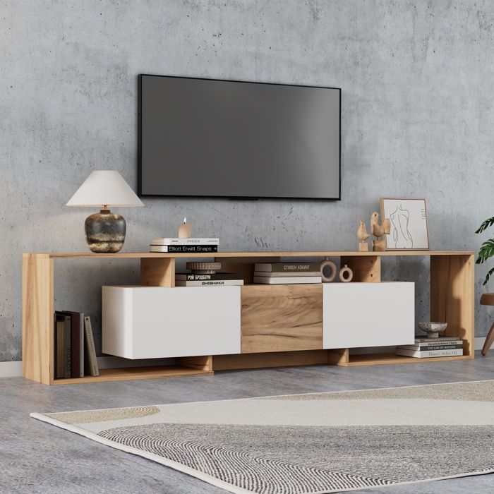 Meuble TV moderne - Dimensions 180x30x49 cm - 2 portes rabattables - 1 porte pivotante - 3 étagères ouvertes