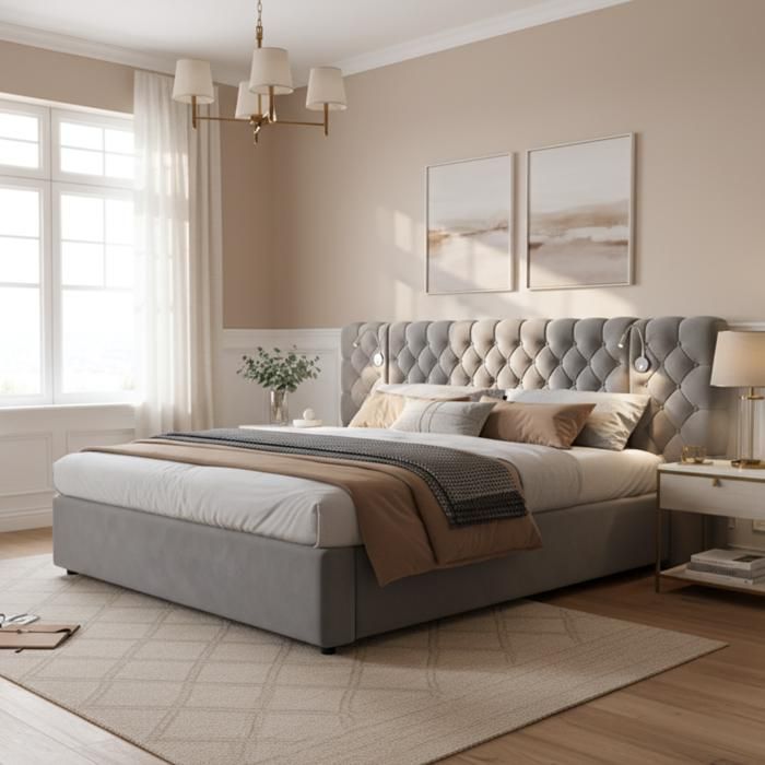 COVREO Lit coffre 180 x 200 cm hydraulique avec sommier à lattes velours gris tête de lit avec liseuses